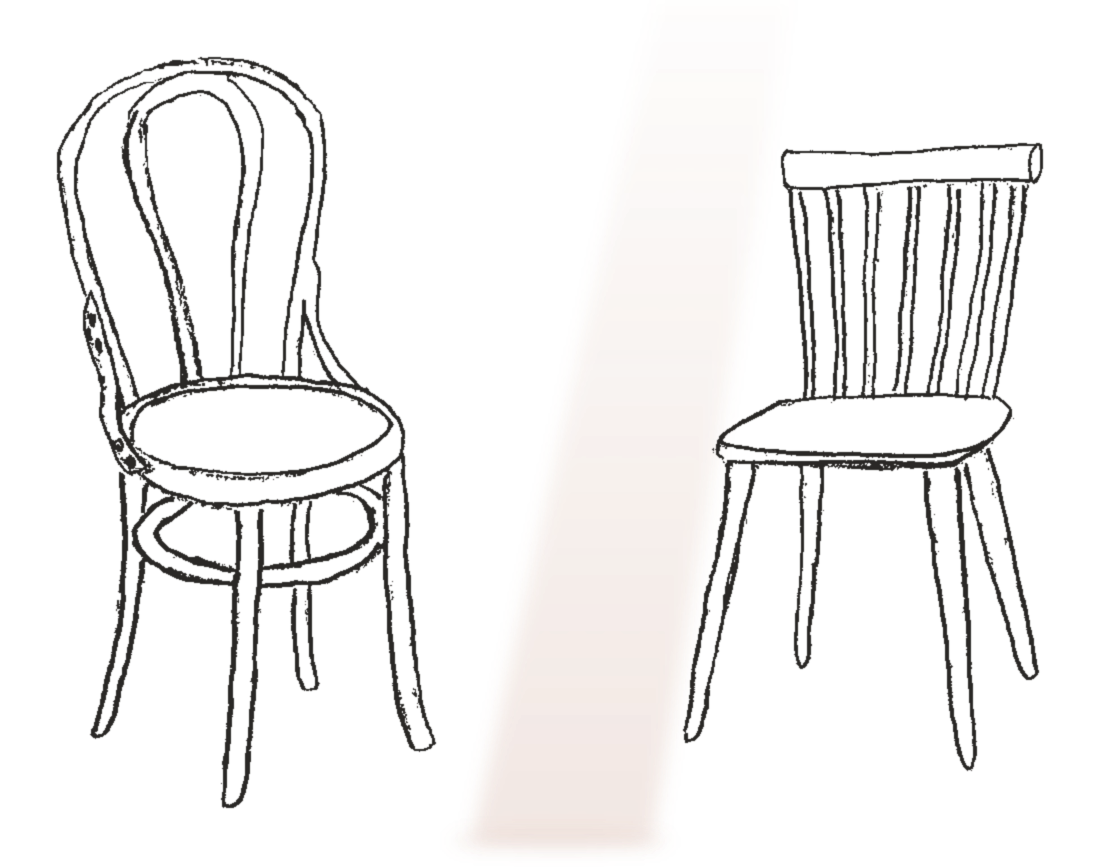 Erin's pencil drawing of two empty chairs, a mended bentwood and a spindle-back, set apart and angled toward each other, with a slant of light falling in the space between them.